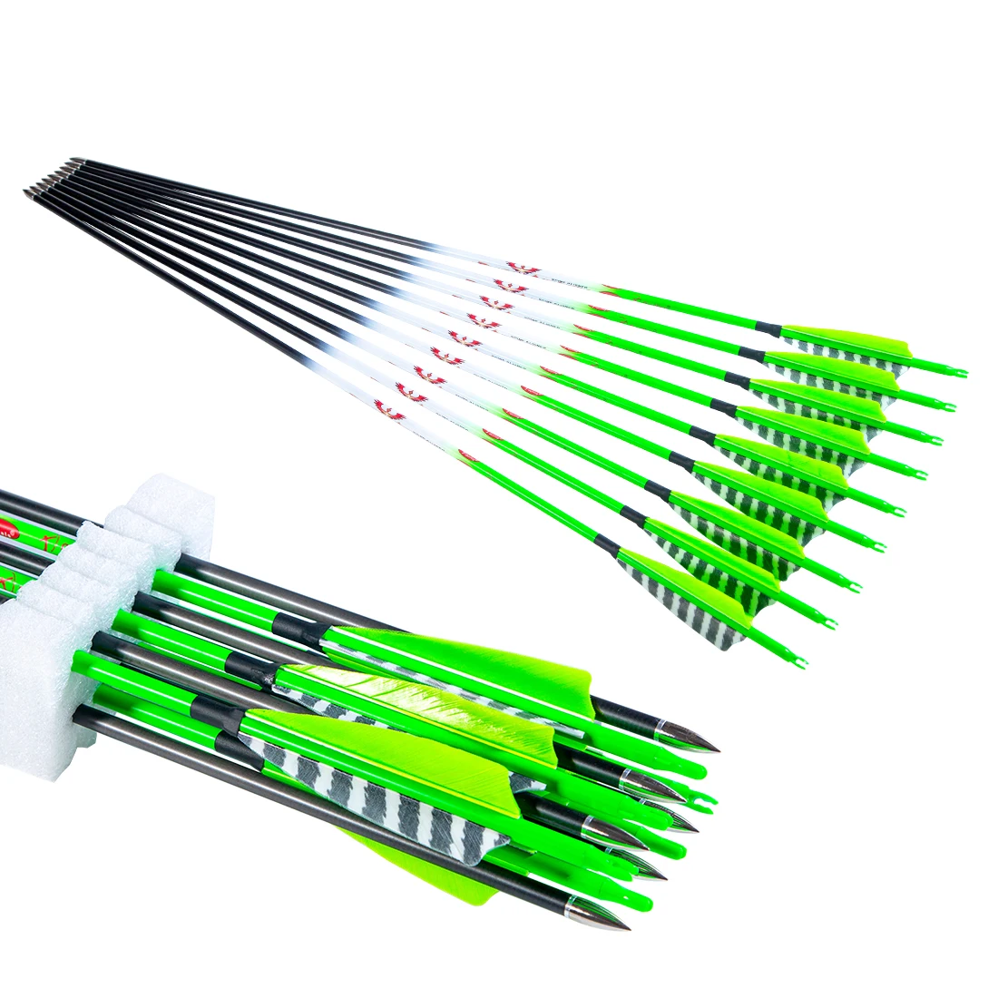 Pinals Archery Green Carbon Arrows with Turkey Feather 300 340 400 500 600 Spine Traditional Recurve Bow Longbow Hunting