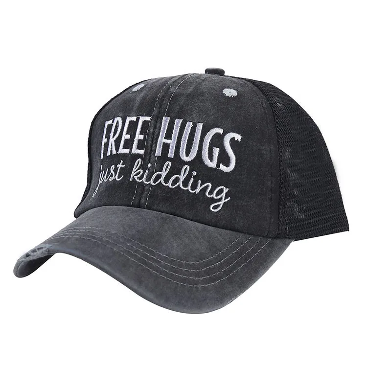 Embroidered pattern cotton ladies fitted baseball cross mesh ponytail hat Trucker hats