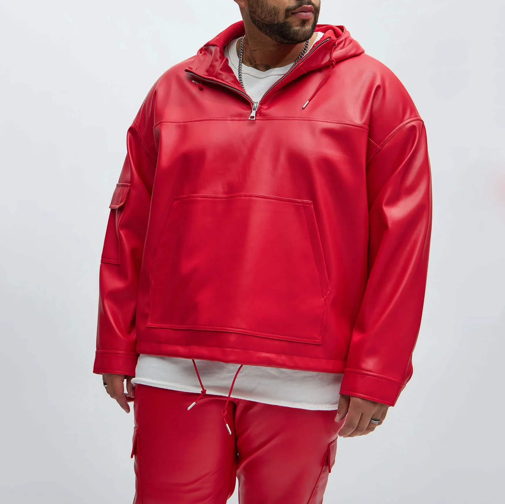 Custom New Trending Men Red Cargo Leather Pullover Jacket With Hooded Plus Size Quarter Zipper Leather Jacket For Men