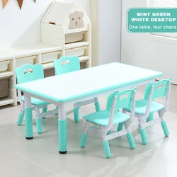 Kids Table and 4 Chairs Set Children Study Desk Dining Table Height Adjustable Plastic Desk Painting Desktop Toddler Furniture