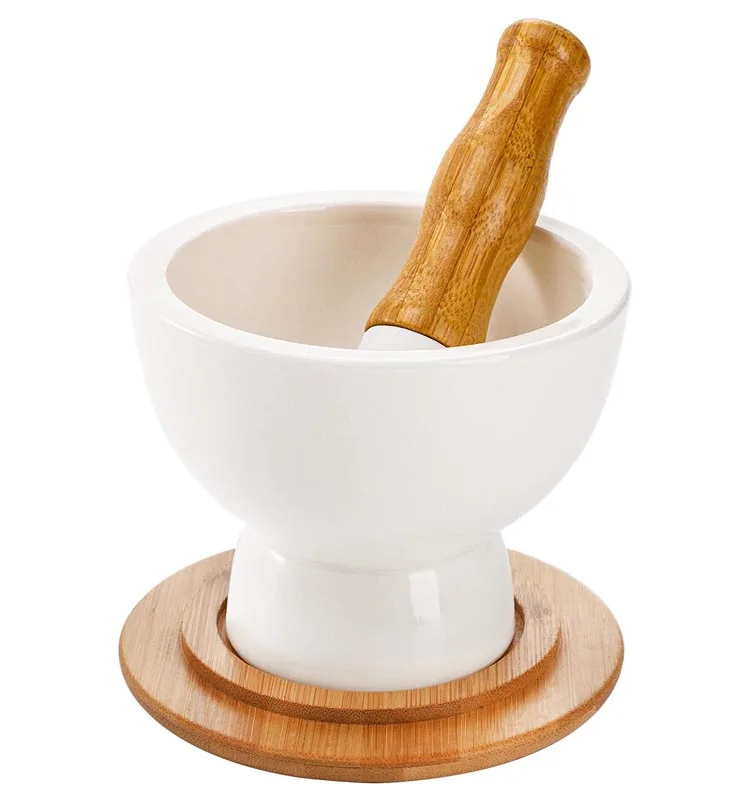 Mixing Grinding Bowl Non Slip Bamboo Tray Grinder Kitchen Cooking Tool Spice Herb Pesto Guacamole Ceramic Mortar And Pestle