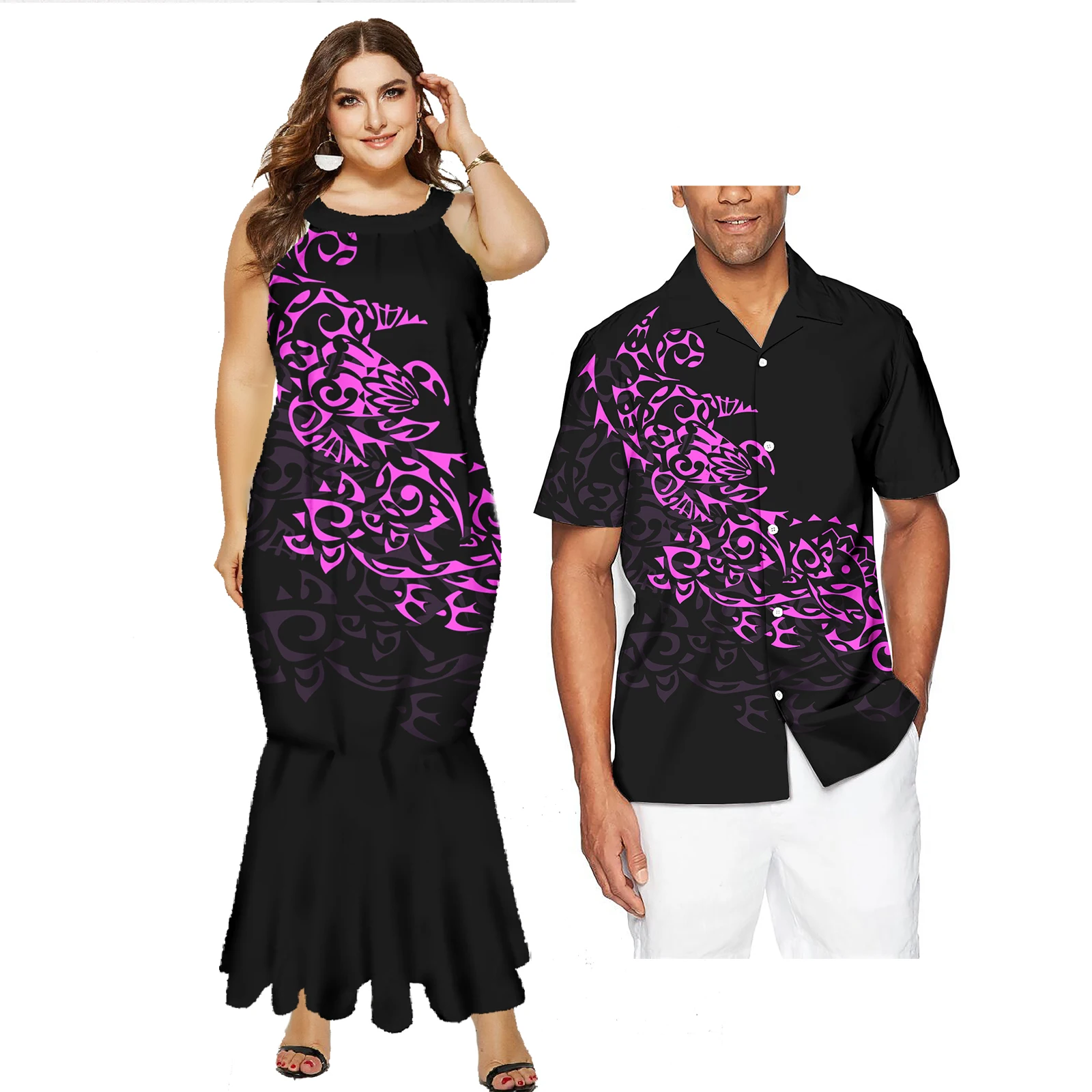 2024 Polynesian Style Couples Matching Outfits Dress Shirts Tribal Print Women Beach Party Maxi Dress And Men Sets