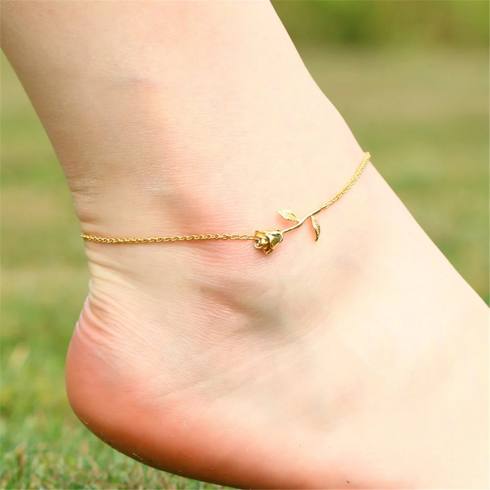  European trendy romantic brass real gold plated 3D rose flower colorful charm foot jewelry anklets for women