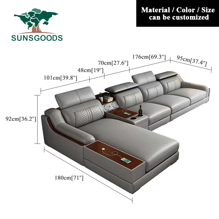 Modern Living Room Sofa Set Genuine Leather Sofas with USB Music Speaker