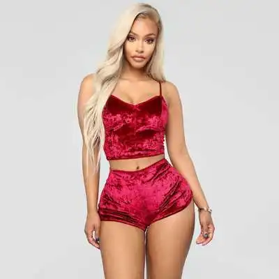 Summer Hot Sale Female Velvet V neck Solid Sexy Women 2 Pieces  Pajamas Ladies Sleepwear