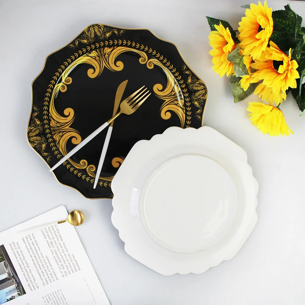 Wholesale Porcelain Luxury Retro Gold Rim Irregular Restaurant Hotel Household Bone China Black Wedding Ceramic Plate