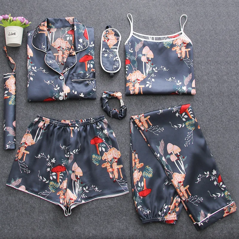 
Sleepwear 7 Piece Satin Pajama Set Loungewear Winter Silk Pajama Set Women 