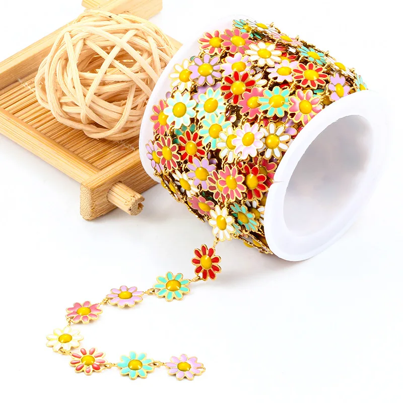 bulk stainless steel 18k gold chain waterproof spool enamel rainbow colored daisy flower handmade accessories chain diy