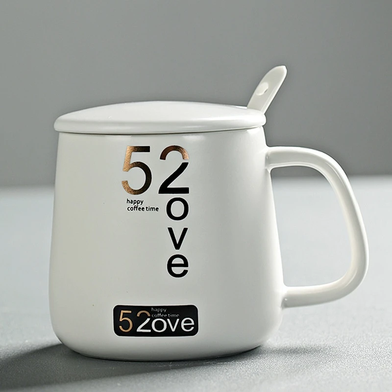 Wholesale Custom Logo 350ml 11oz Big Belly White Black Promotion Gift Glaze Porcelain Mugs Cup Ceramic Coffee Mug With Lid Spoon
