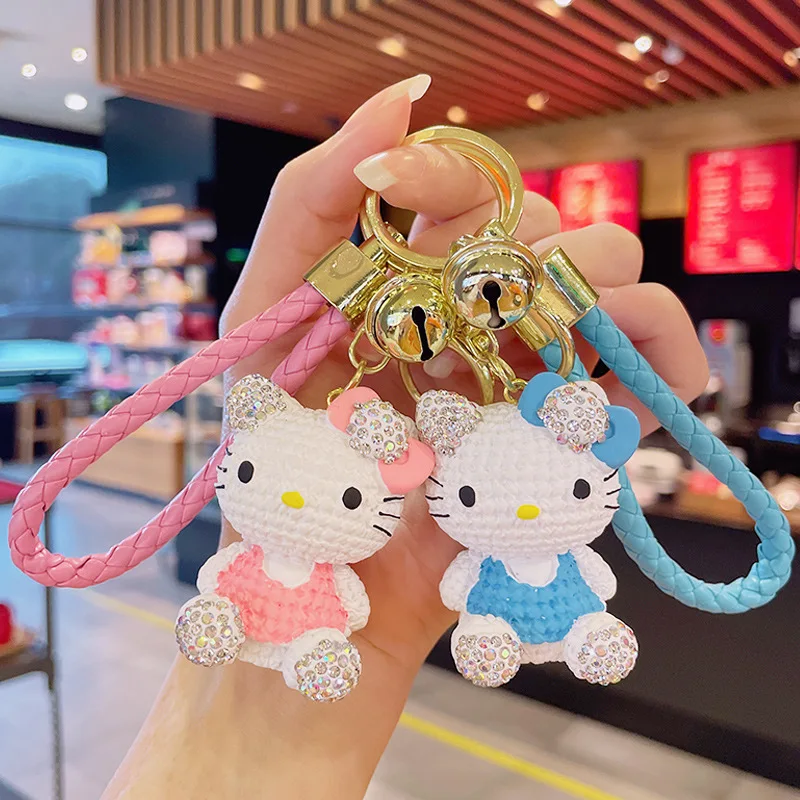 Luxury Keychain Lovely Cartoon Diamond Kitty Key Chain with Woven Wrist Strap Handbag Decoration Keyrings Girl Gift Custom