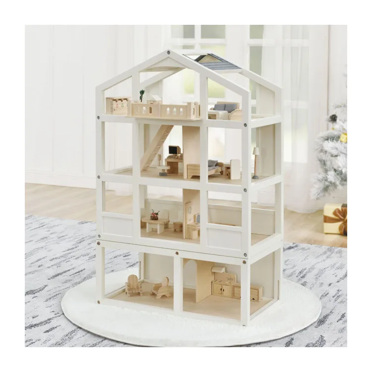 2022 New Furniture wooden toys Petend Play Game Kids Big Wooden Doll House For Children