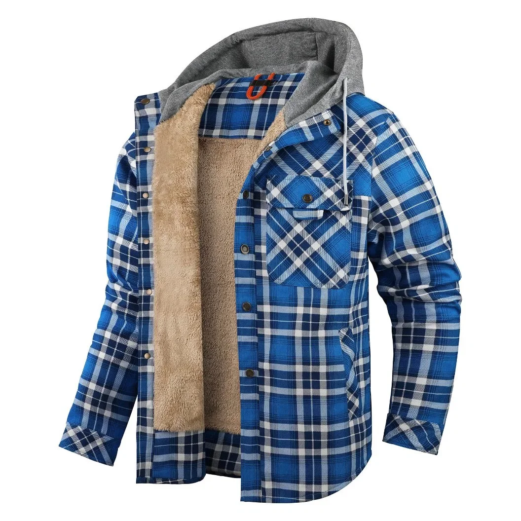 Plaid Long Sleeve Flannel Lined Buttoned Shirt Winter Windproof and Warm Jacket