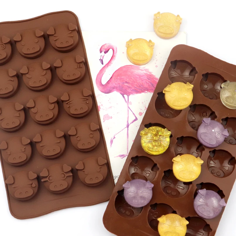 653 factory STOCK 15 even expression pig head silicon chocolate moulds, silicon resin mold, silicone ice cube tray