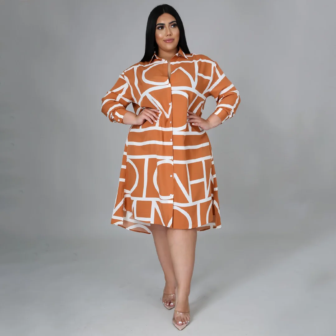 N7255 Best-Selling Plus Size Loose Dresses Women Casual Long Sleeve Striped Printed Shirt Dress For Women