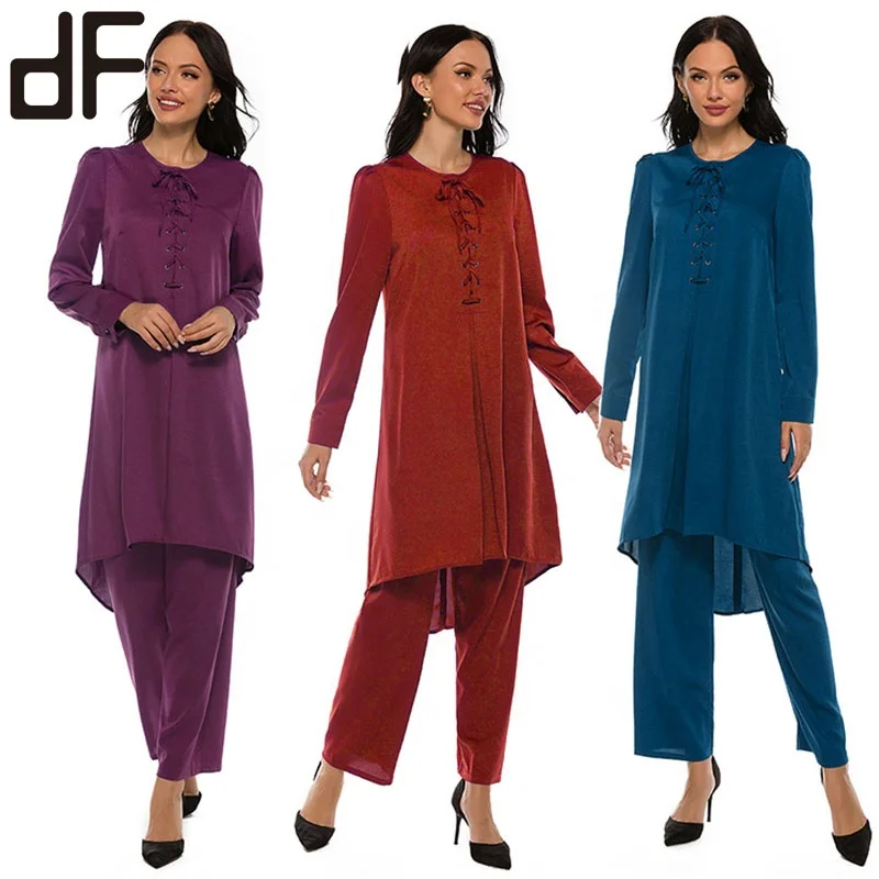 womens islamic suits solid polyester nylon puffy sleeve long blouse baju kurung casual trousers ethnic muslim women pant suits