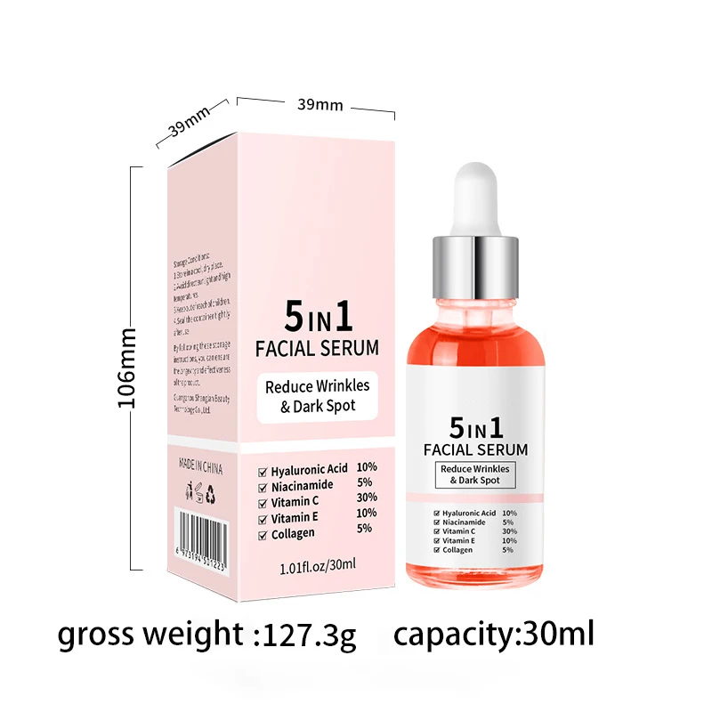 Private Label 5-in-1 Brightening Hyaluronic Acid Vitamins C & E Instant Boost Anti-Aging Peptide Collagen Facial Serum