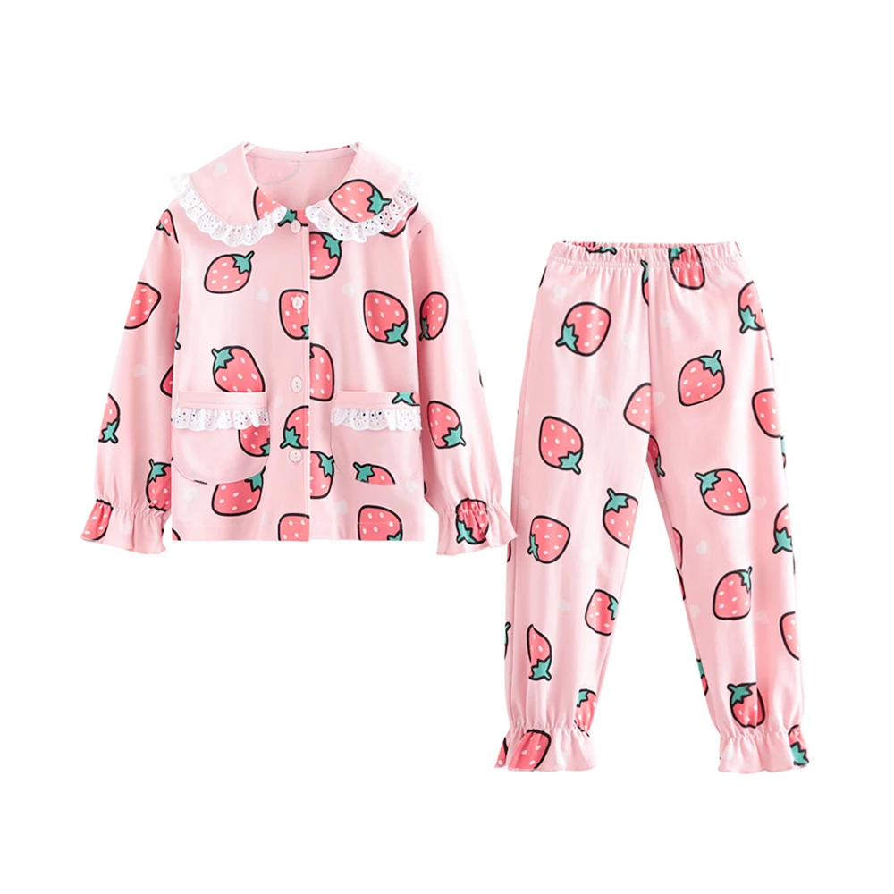 What&why New Ruffle long-Sleeve Children Pajamas Organic Cotton Kid Clothing Boutique Fruits Print Girls Nightwear Factory Price