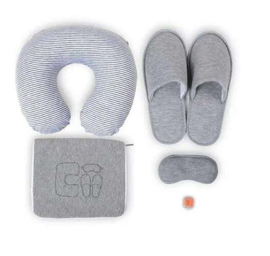 Travel Blanket 4-in-1 Travel Set Inflatable Pillow with Neck Support Eye Slippers Ear Plugs