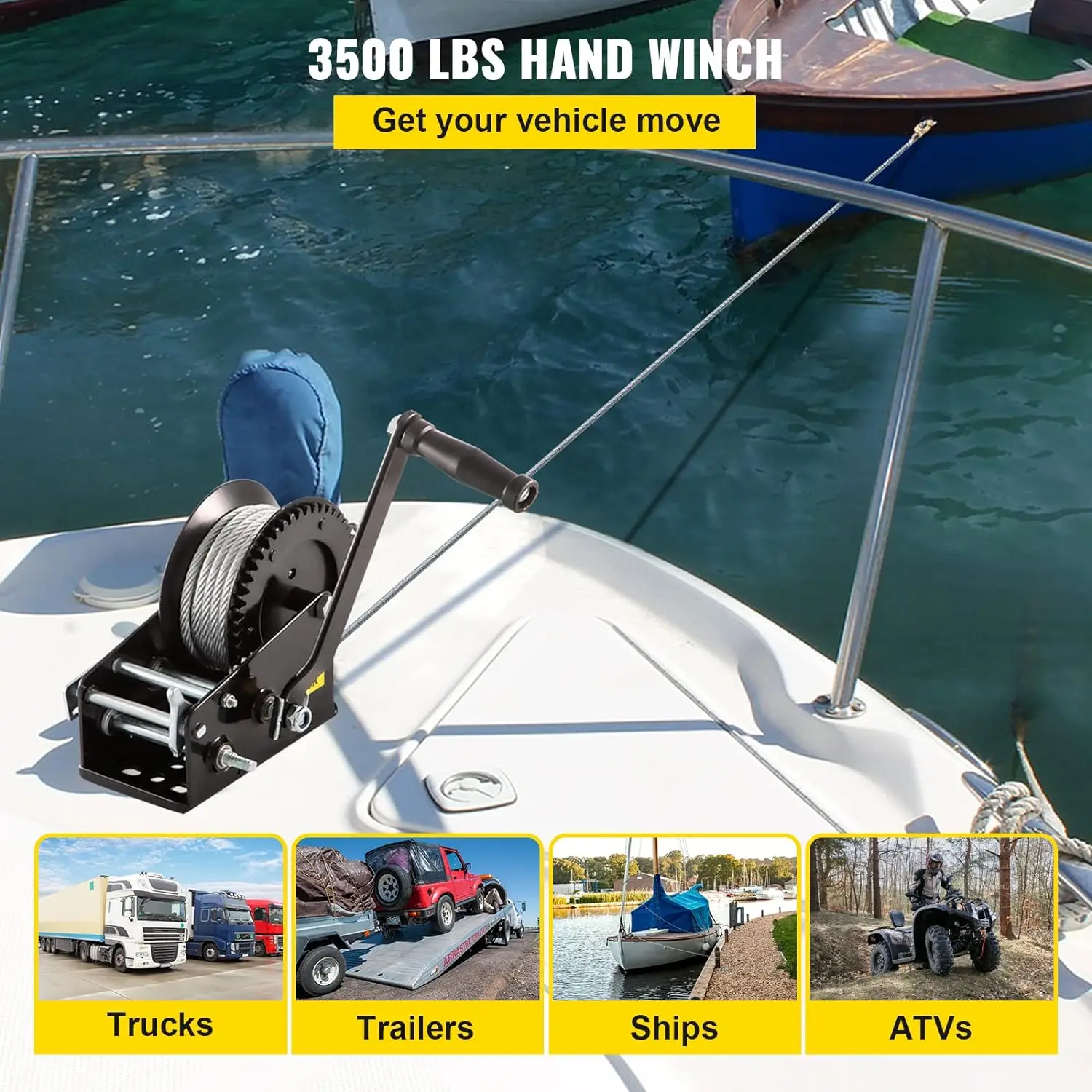 Rope Crank, 3500 LBS Capacity Heavy Duty Hand Winch with 10 m(32.8 ft) Wire Cable and Alloy Hook