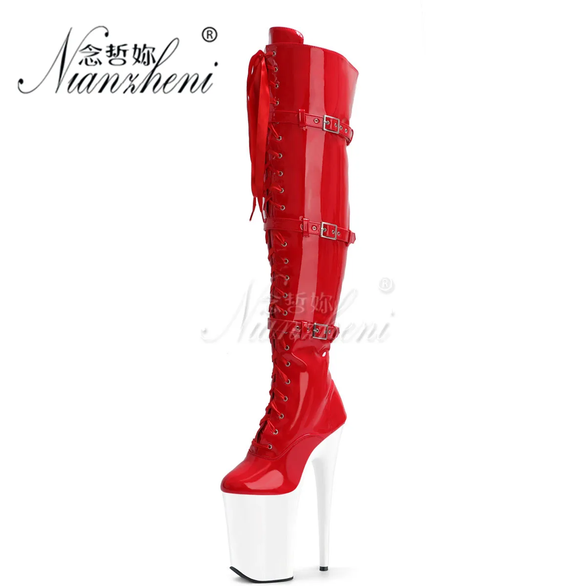 Pole Dance Long Boots Round Toe 23cm Catwalk Fashion Nightclub Sexy Fetish Retro Belt Buckle Stripper Heel Models Catwalk Gothic