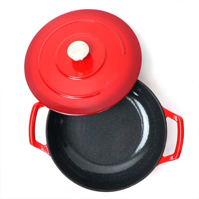 large yellow black custom cast iron enamel non stick sauce shallow round 24/20cm red casserole dutch meat colorful pot with lid