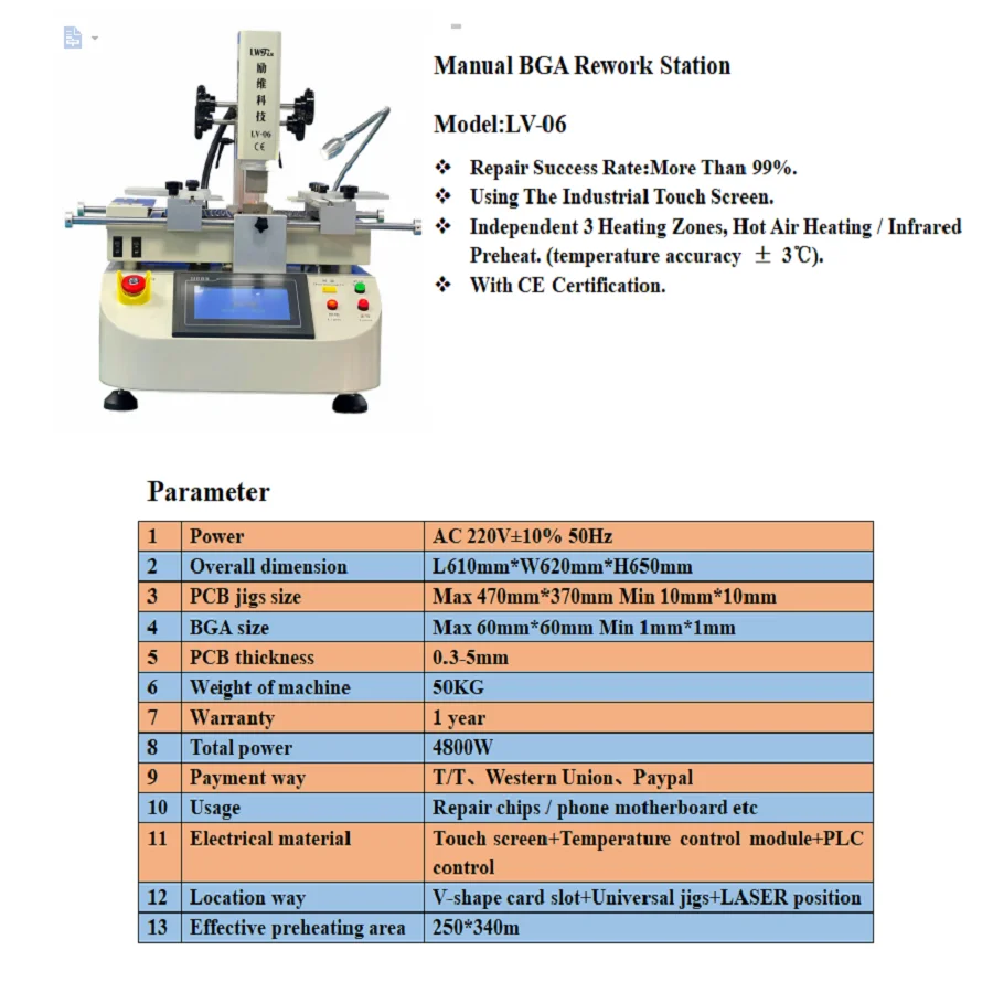 LV-06 Automatic Optical BGA Rework Station Motherboard Repair MIG Welding Mode Optical CCD Alignment New PCB Motor Bearing PLC