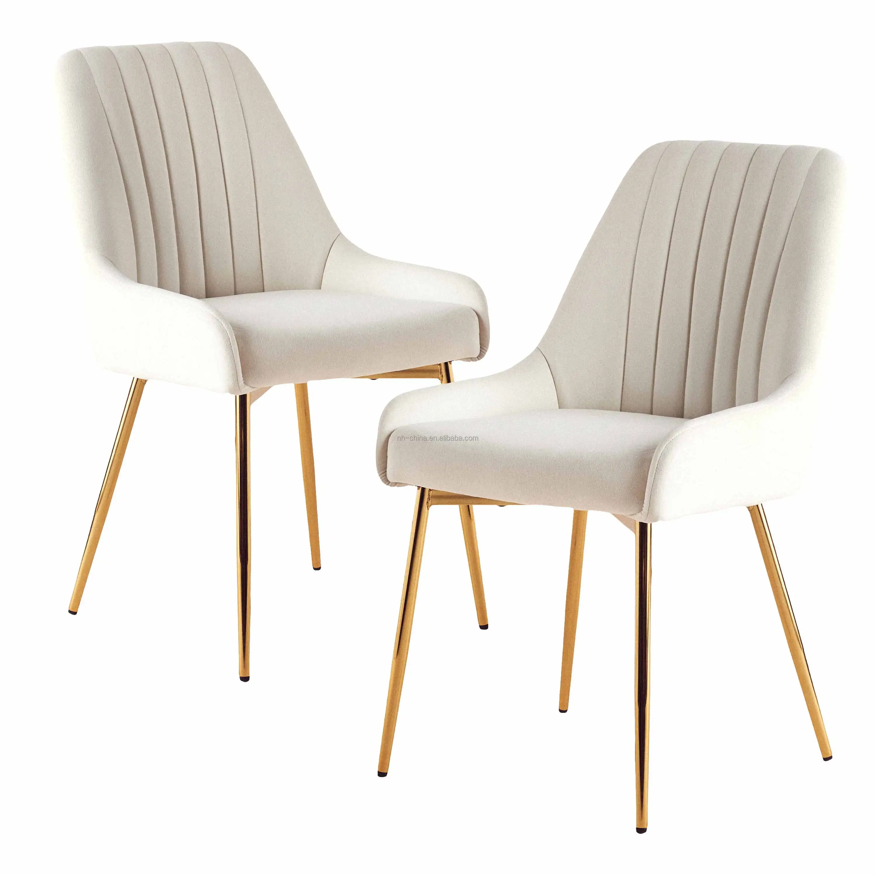Luxury modern latest design Vertical stripes backrest beige velvet kitchen dining room chair with golden metal legs