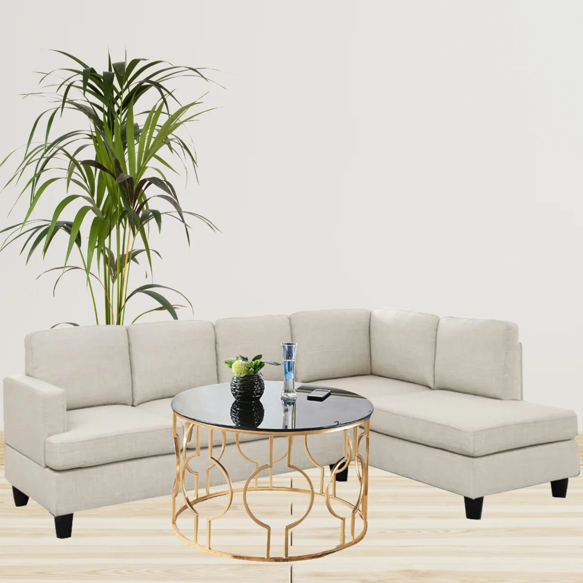 OEM/ODM Hardware Furniture Modern Round Glass Top Polished Base Brass Gold Carved Coffee Table