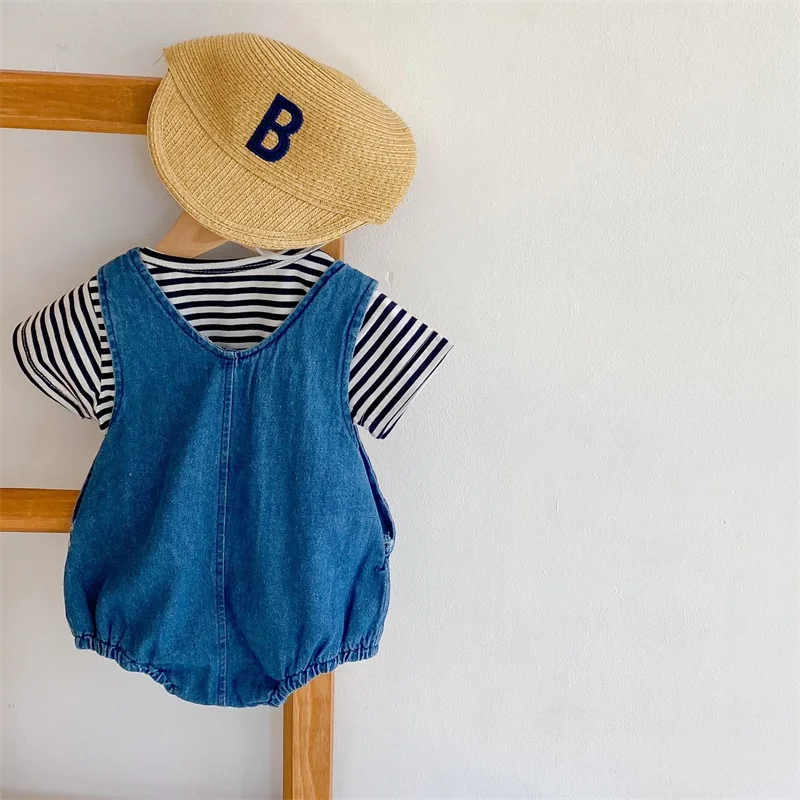Cotton Denim Bib Romper + Striped T-Shirt Two-Piece Set Baby Romper Clothes Set