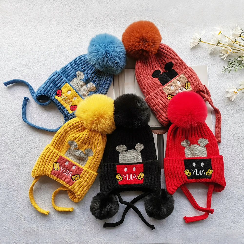 Cute Pom Pom Baby Hat Customized Pattern Children Wool Beanie Caps Ear Flap Toddler Crochet Winter Hats With Drawstring