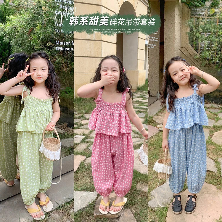 2022 Summer Vacation Children Clothing Sets Fashion Cute Floral Halter Top Comfortable Mosquito Repellent Pants Girls Outfits