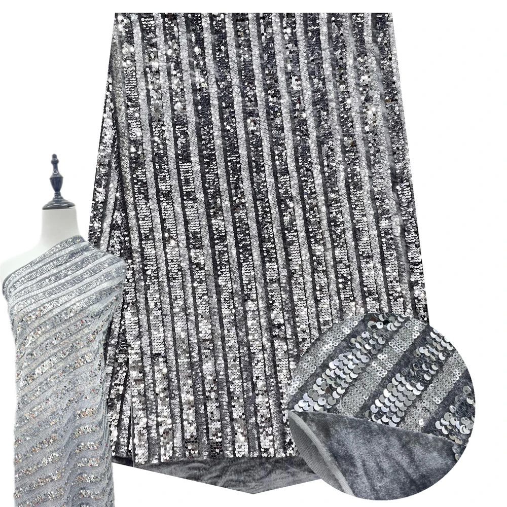 New sequin Grey fabricwholesale custom low price velvet embroidery fabric lace for dress
