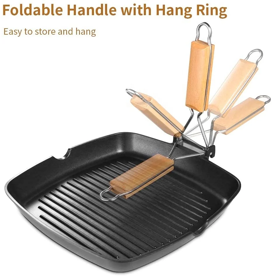 Grill Pan 11 inch Portable Nonstick Frying Pan for Steak  Fish and BBQ Deep Square Griddle Pan Folding Handle Induction Skillets