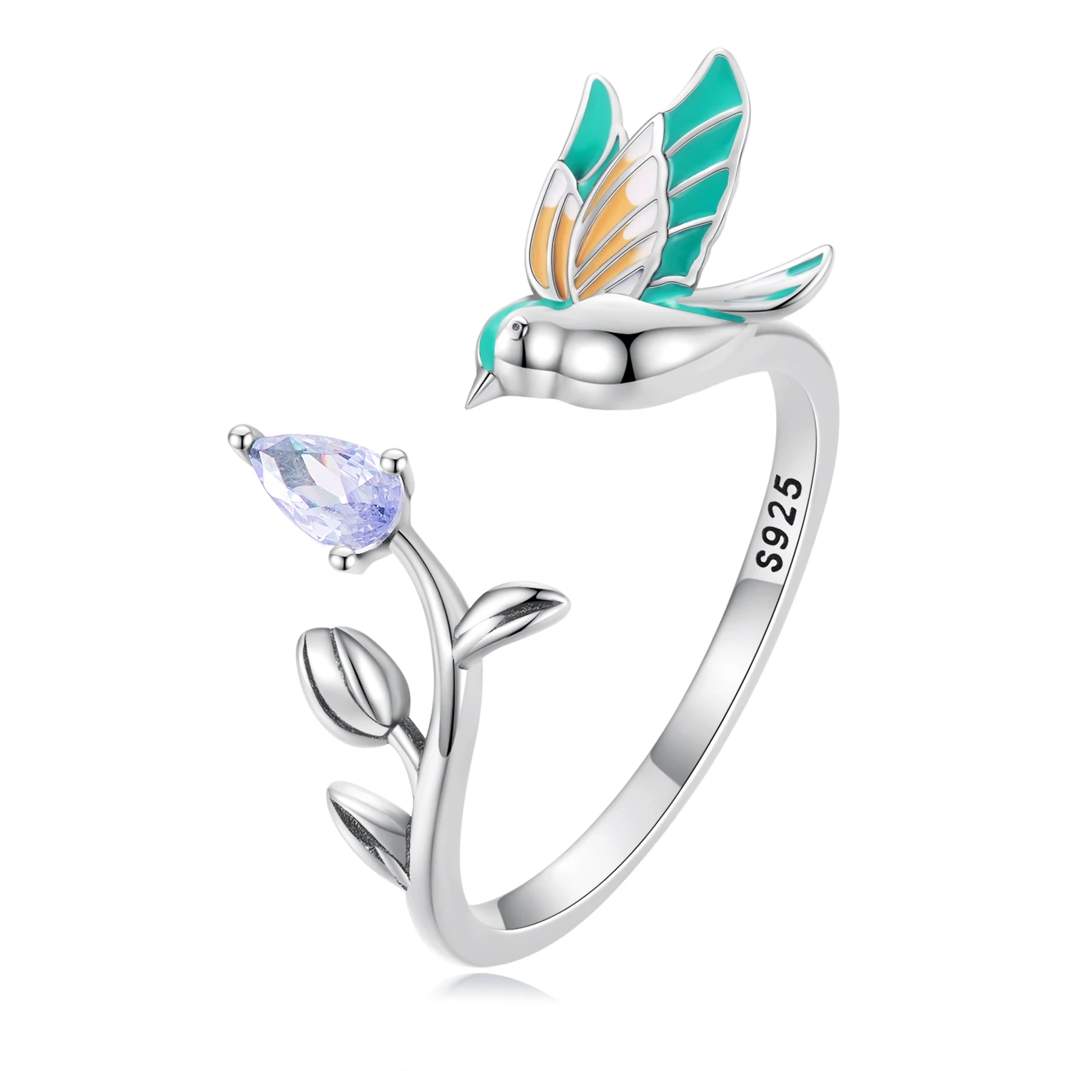 Summer Climber Crawler Bird Fashion Floral Ring 925 Sterling Silver Adjustable Open Ring for Women