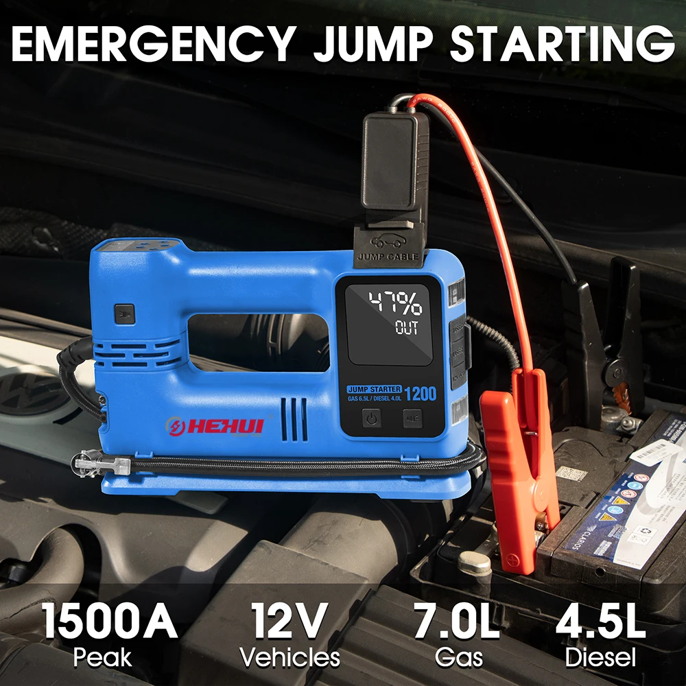 Hehui Electric Digital Battery Operated Air Pump Hand Powered Car Pump Air Compressor With Power Bank