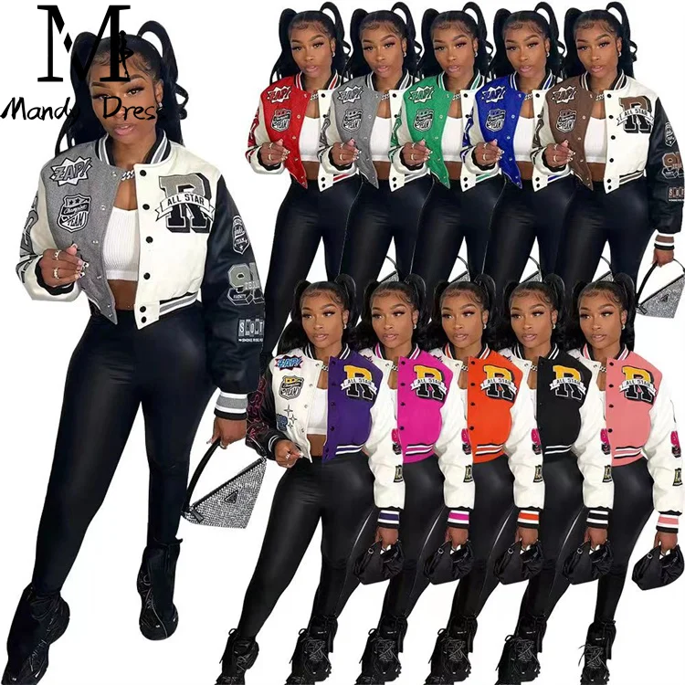 American Clothing Ladies Coats Streetwear Patchwork Printed Winter Clothes Varsity Jackets For Women