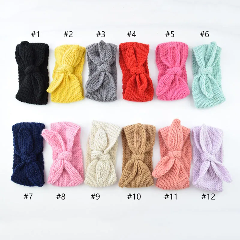 HZO-24130 Hot selling kids knitted hair bands solid color bunny ear hair wraps little girls bow knot crochet headbands for baby
