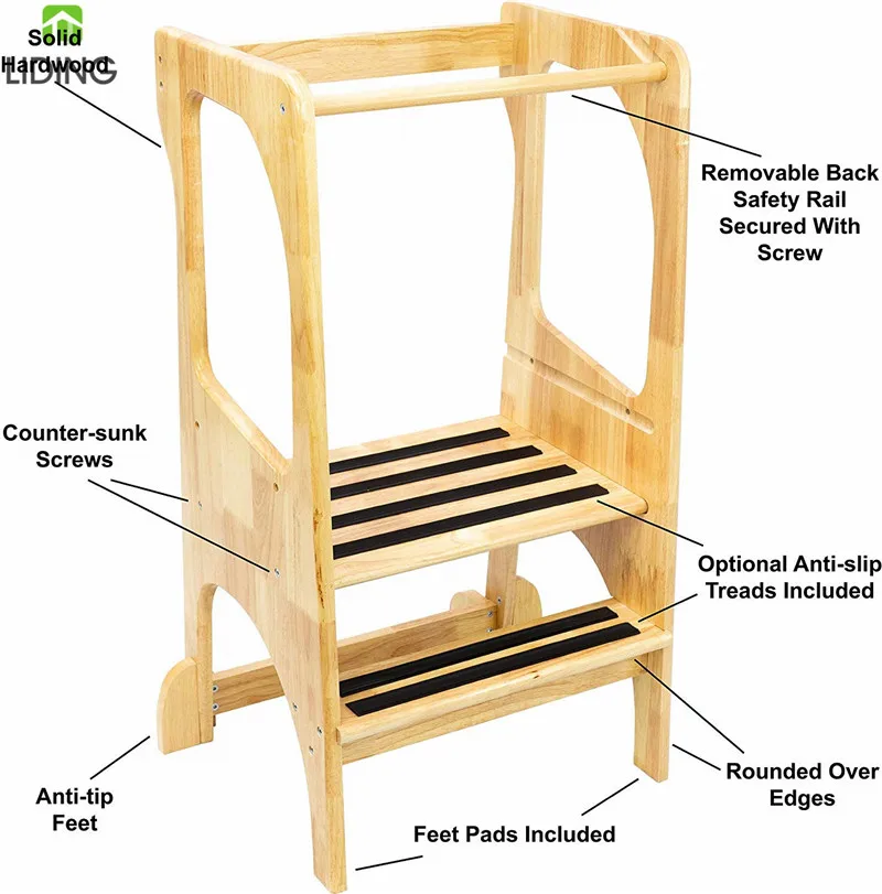 Adjustable Height Bamboo Kids Kitchen Step Stool Toddler Learning Tower with Safety Rail