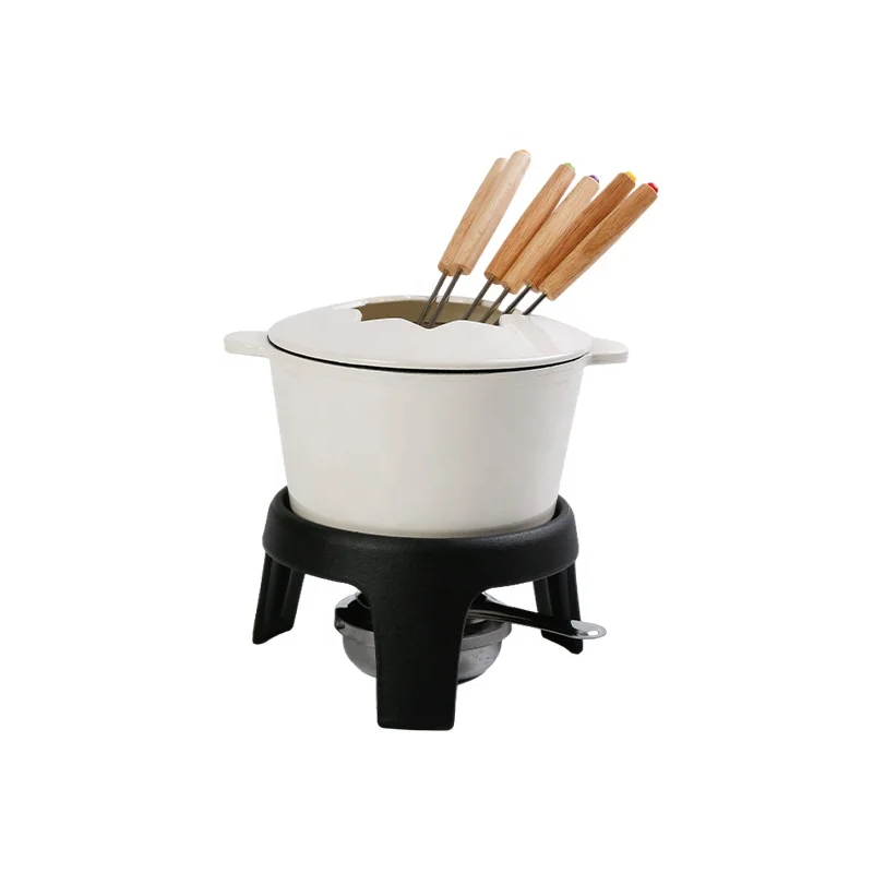 High Quality Wholesale Cheap White Enamel Cast Iron Cheese Chocolate Fondue Set