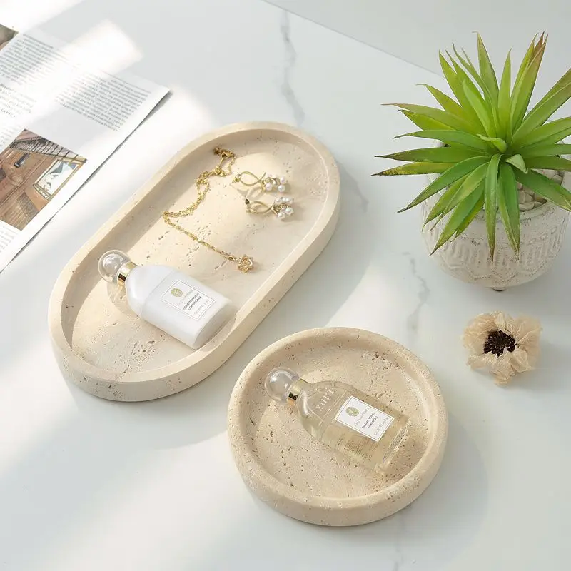 Natural Marble Stone Tray Travertine Beige Round Oval Jewellery Vanity Candles Decorative Storage Tray