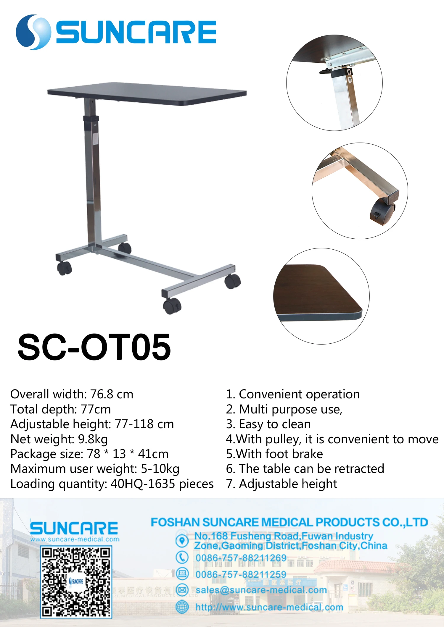 Adjustable Gas Spring Bedside Table with Wood Grain Countertop Stainless Steel Manual