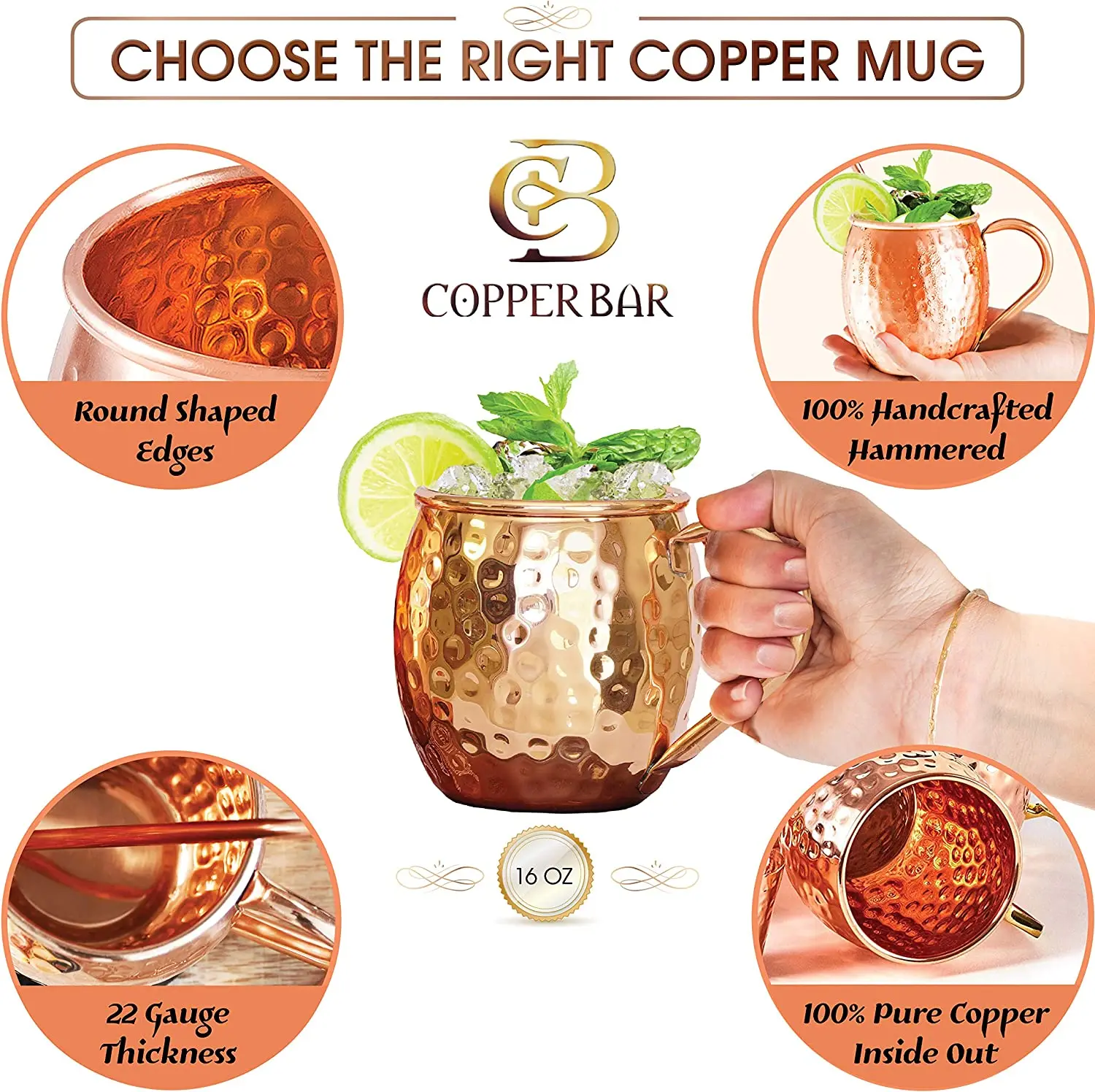 100% Authentic Hammered Copper Mug with FREE Copper Shot Glass
