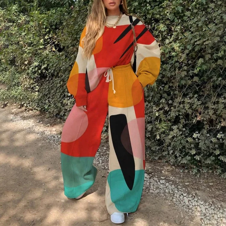 Осенняя одежда 2021, одежда для отдыха онлайн, цветные Свободные блочные брюки с длинным рукавом, комплект из 2 предметов для отдыха, комплект из 2 предметов, наряды для женщин