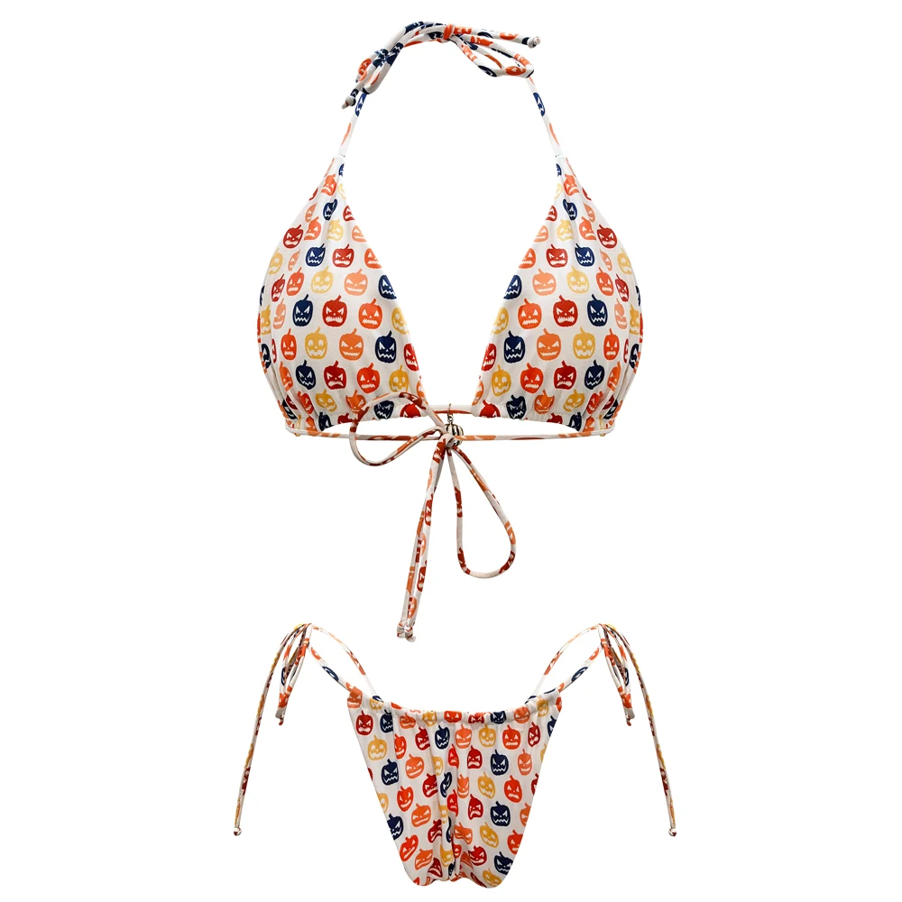 Sell Well Printed Halloween Pumpkin Orange Trending Lovely swimwear swimsuits 2 Pieces triangle halter lace up Bikini Set