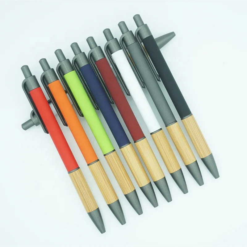 Custom logo engraving metal ballpoint pen colored aluminum barrel ball pen with bamboo grip for promotional gifts