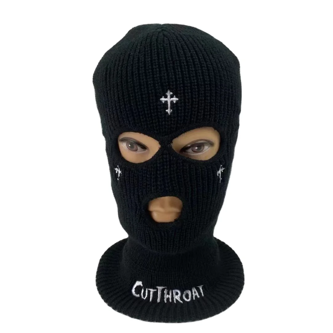Wholesale Custom Logo Winter Warm Knitted Full Face Cover Skull Ski Mask Black Cross 3 Hole Embroidered Balaclava Hat