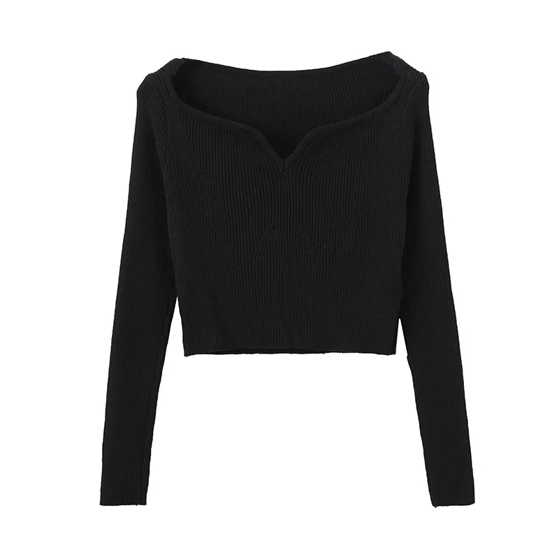 Fashionable Wide Collar Women Lady Tops Knitted Black Basic Sweaters Knitwear for Women