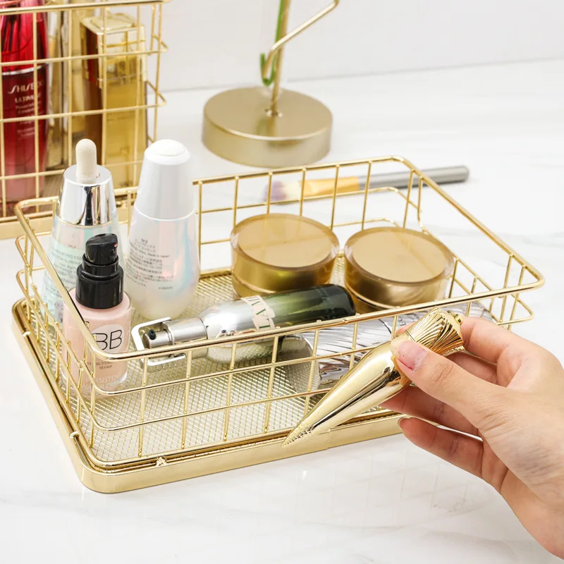 Rose Gold Metal Wire Storage Basket Organizer Bin Desktop Baskets Fruit Basket for Kitchen Cabinet Freezer Bedroom Bathroom