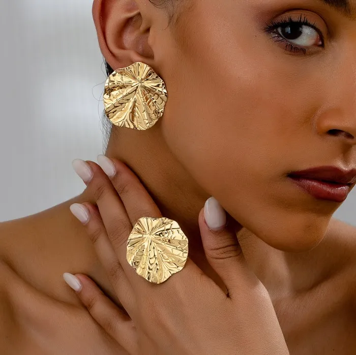 Vintage Lotus Leaf Round Big Earrings ring set For Women new Design Hook Earrings Gold Silver Color Metal Earring Trendy Jewelry