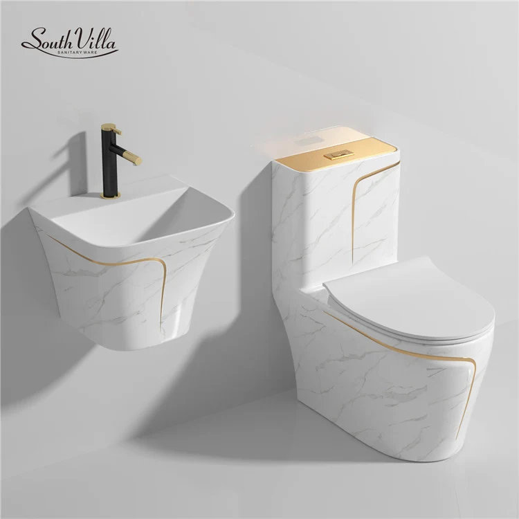 Luxury toilet bowl set marble wall hung basin sink and toilet set bathroom sanitary ware wc ceramic marble toilet with gold rim